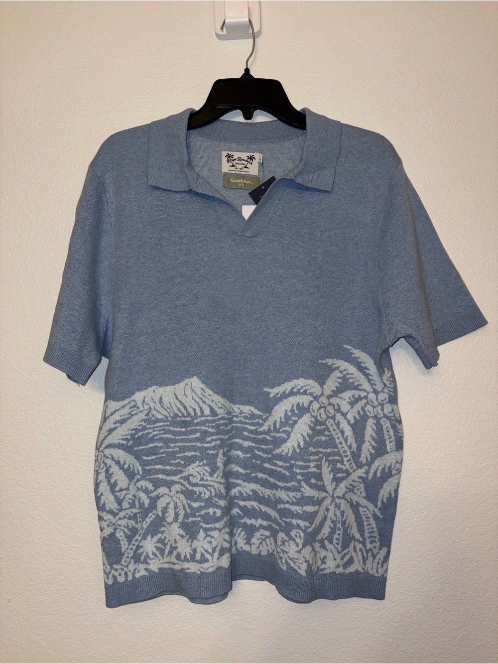 NWT Reyn Spooner Goodfellow Blue Palm Tree Knit Polo Shirt M